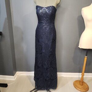Jenny Yoo Formal Strapless Gown Full Length Size 4. Navy Blue Embroidered Sequin